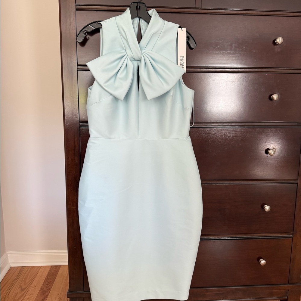 Badgley Mischka Satin Dress with Bow (8) in Azure